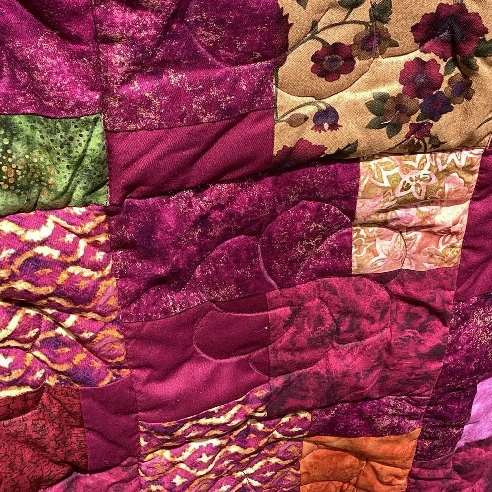 NWT. Hand Crafted Maroon/Wine Mixed Prints Lap Quilt